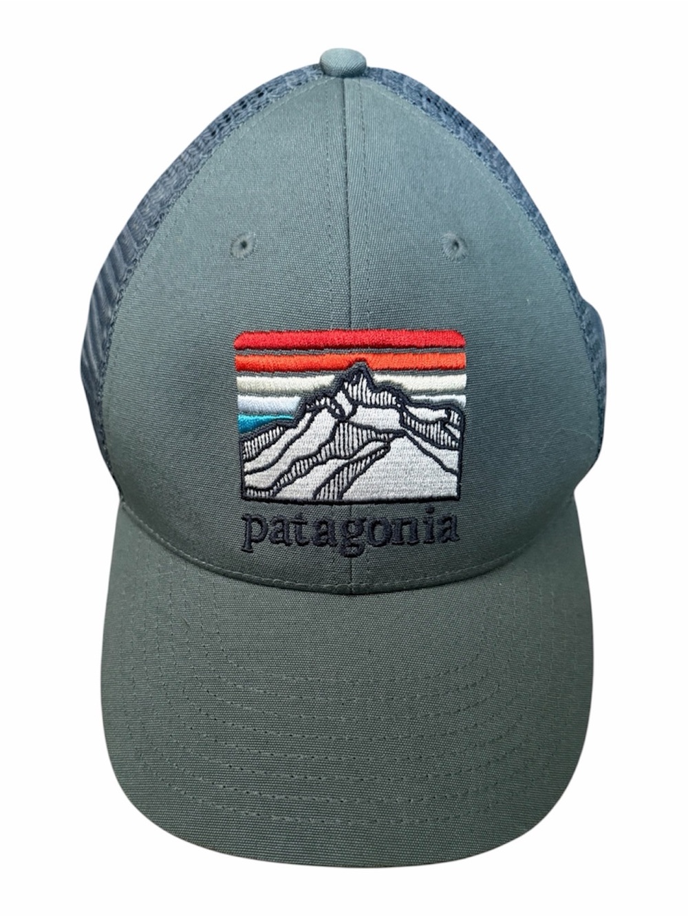 Patagonia Green Trucker Hat with Multicolor Mountain Patch